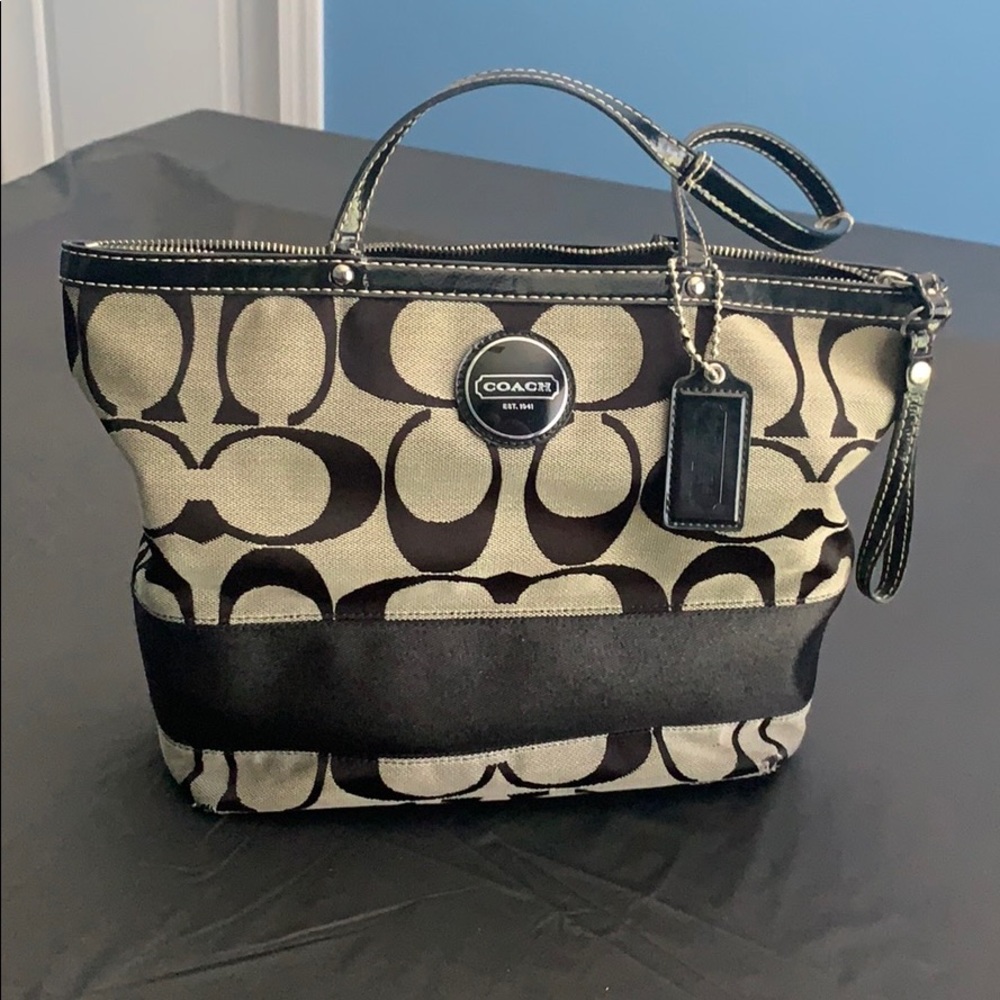 Coach Signature Stripe Tote: Black and gray